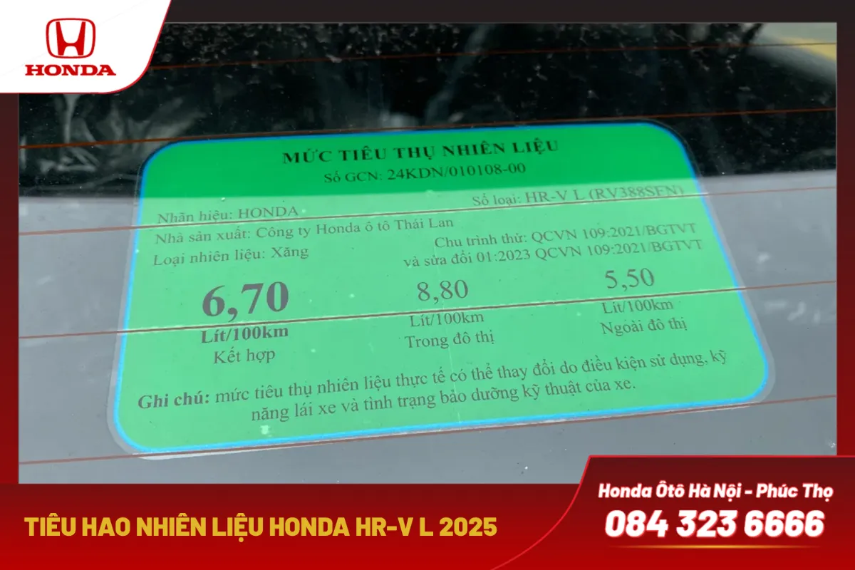 Mức tiêu thụ nhiên liệu Honda HR-V L 2025