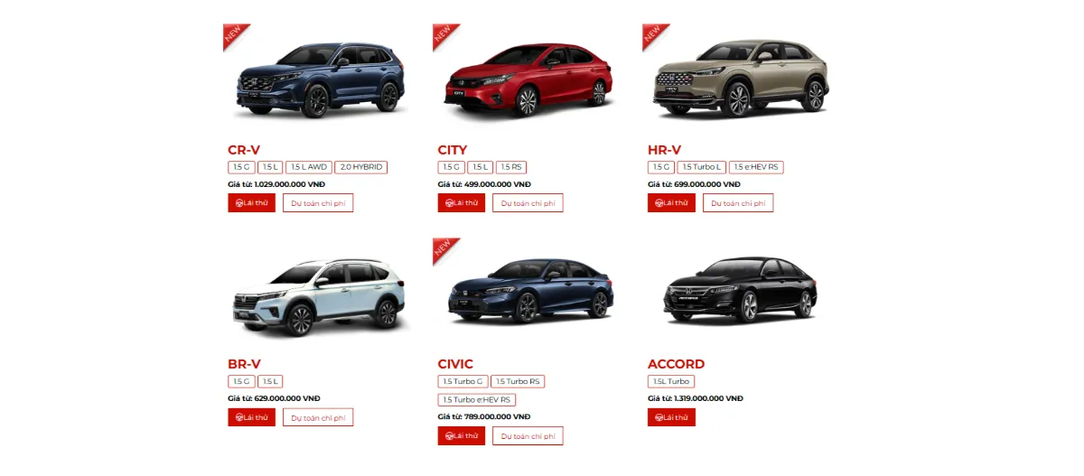 Bảng giá niêm yết các mẫu xe Honda