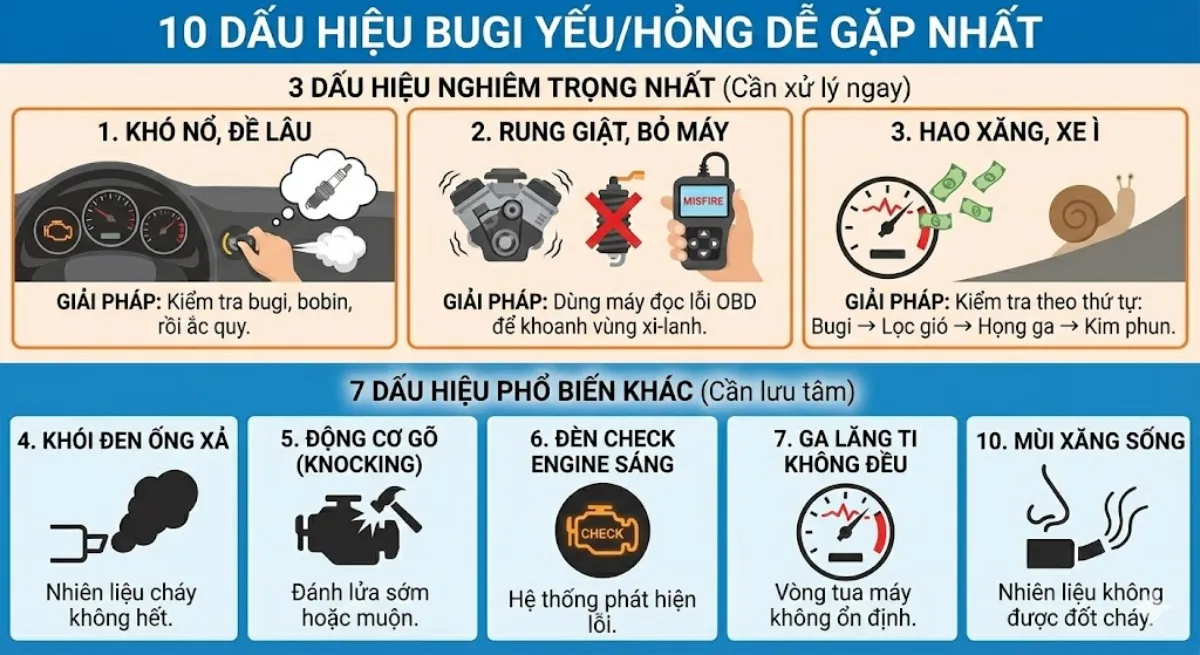 10 Dấu hiệu bugi yếu/hỏng dễ gặp nhất