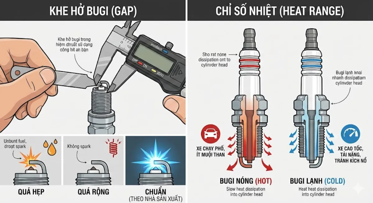Khe hở bugi và chỉ số nhiệt phần dễ bị bỏ qua