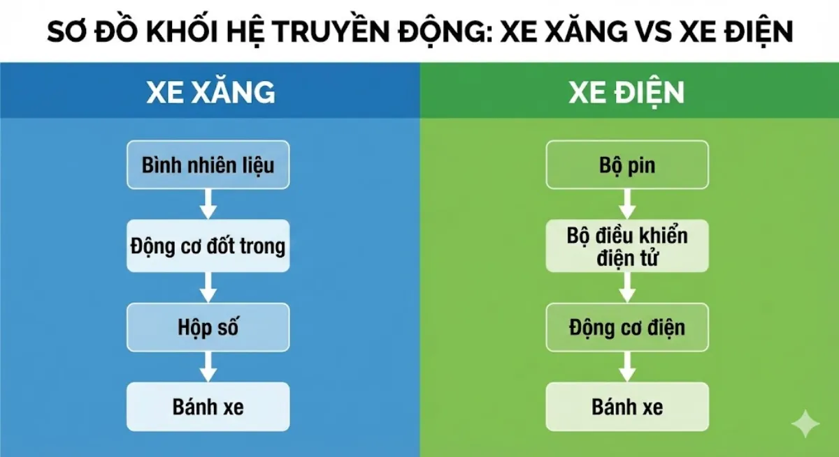Sự khác biệt cơ bản giữa cấu tạo xe xăng và xe điện