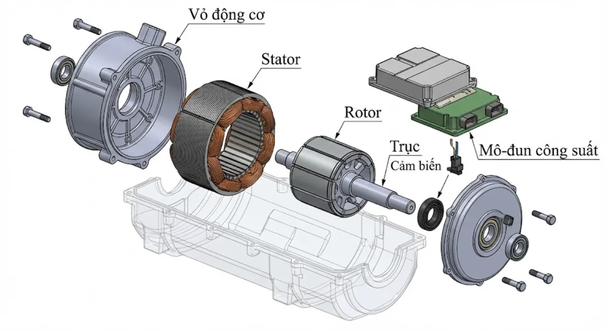 Cấu tạo bên trong của một mô tơ điện với Stator và Rotor.