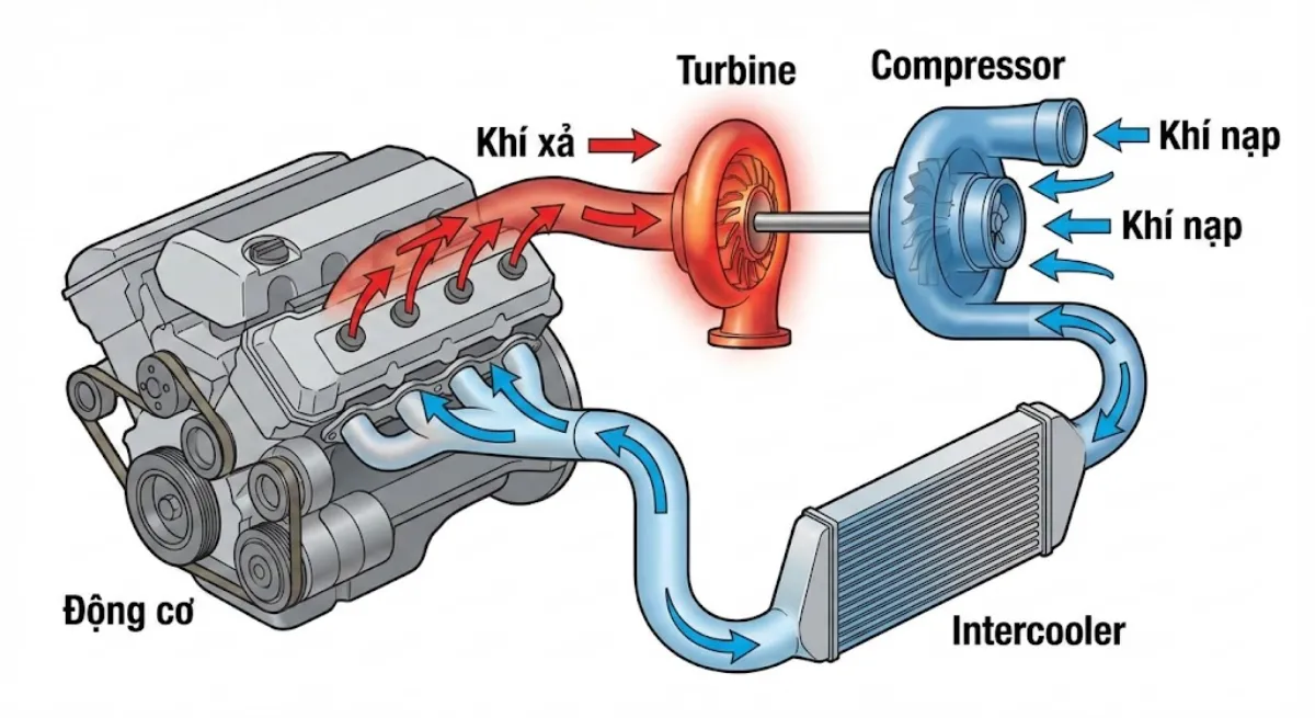 Sơ đồ nguyên lý nạp cưỡng bức của động cơ Turbo tăng áp.