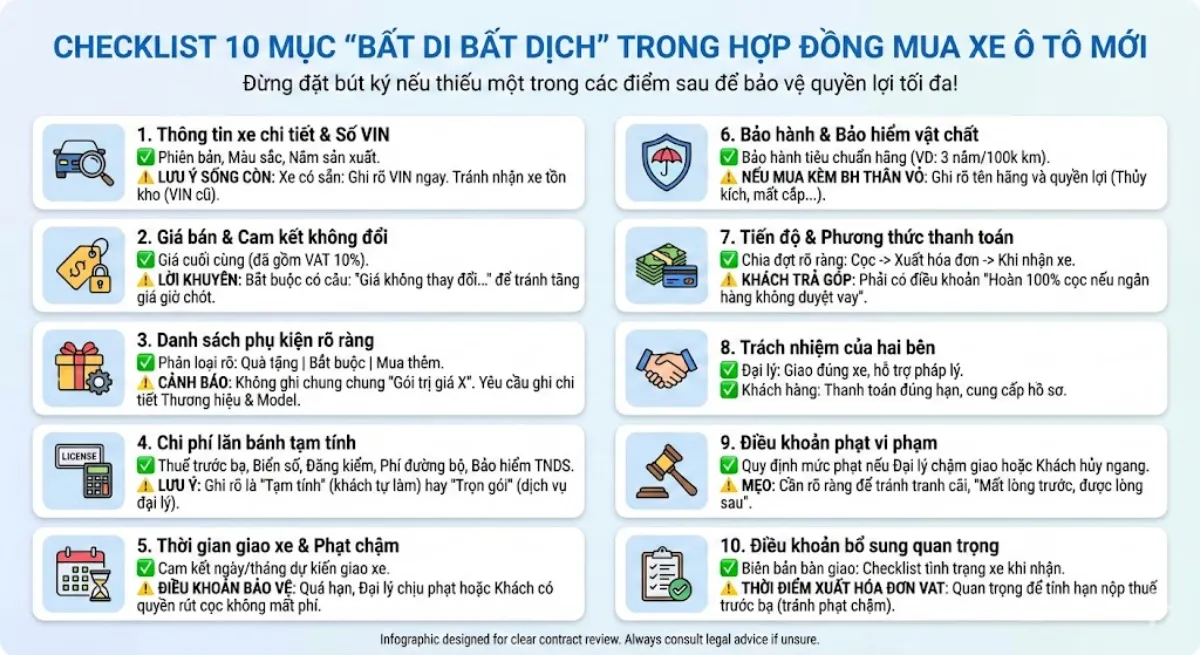 Checklist 10 mục bắt buộc phải có trong hợp đồng mua xe ô tô mới