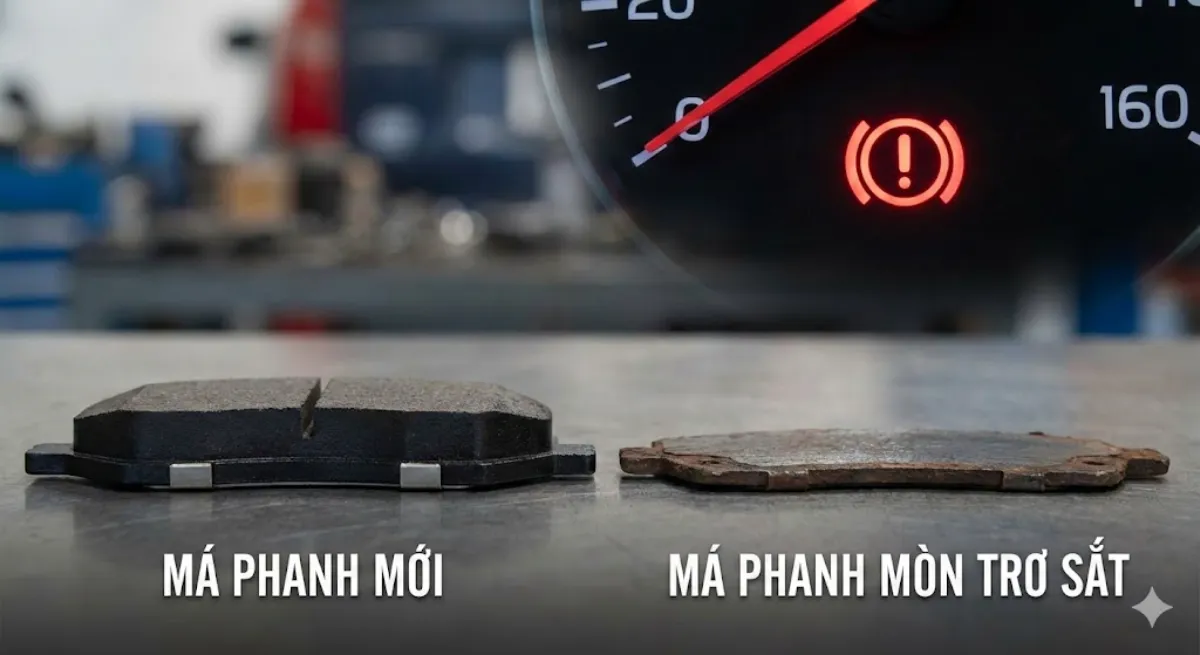 Má phanh mới và má phanh mòn trơ sắt, hoặc hình ảnh đèn báo lỗi phanh trên taplo