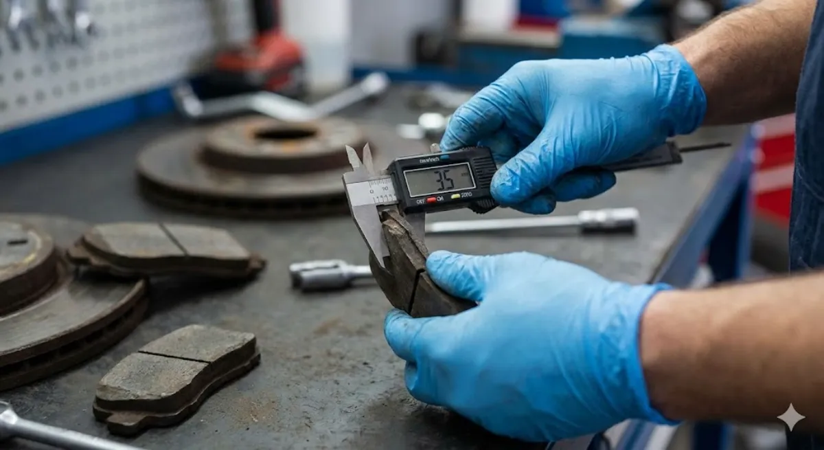 Kỹ thuật viên đang đo độ dày má phanh bằng thước kẹp