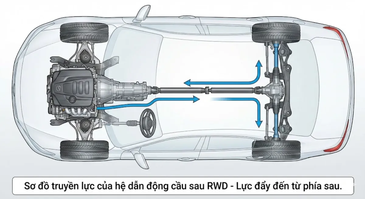 Sơ đồ truyền lực của hệ dẫn động cầu sau RWD - Lực đẩy đến từ phía sau 