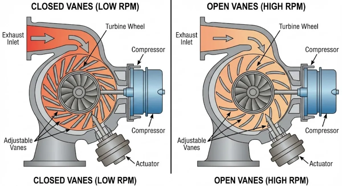 Sự thay đổi góc cánh van biến thiên (Vanes) giúp điều chỉnh tốc độ dòng khí nạp vào tuabin