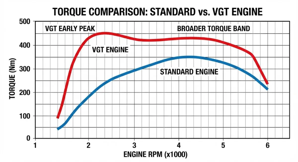Động cơ VGT đạt mô-men xoắn cực đại sớm hơn và duy trì trong dải vòng tua rộng hơn