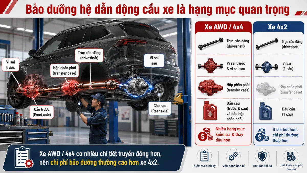 Bảo dưỡng hệ dẫn động cầu xe là hạng mục quan trọng và tốn thêm chi phí so với xe 4x2