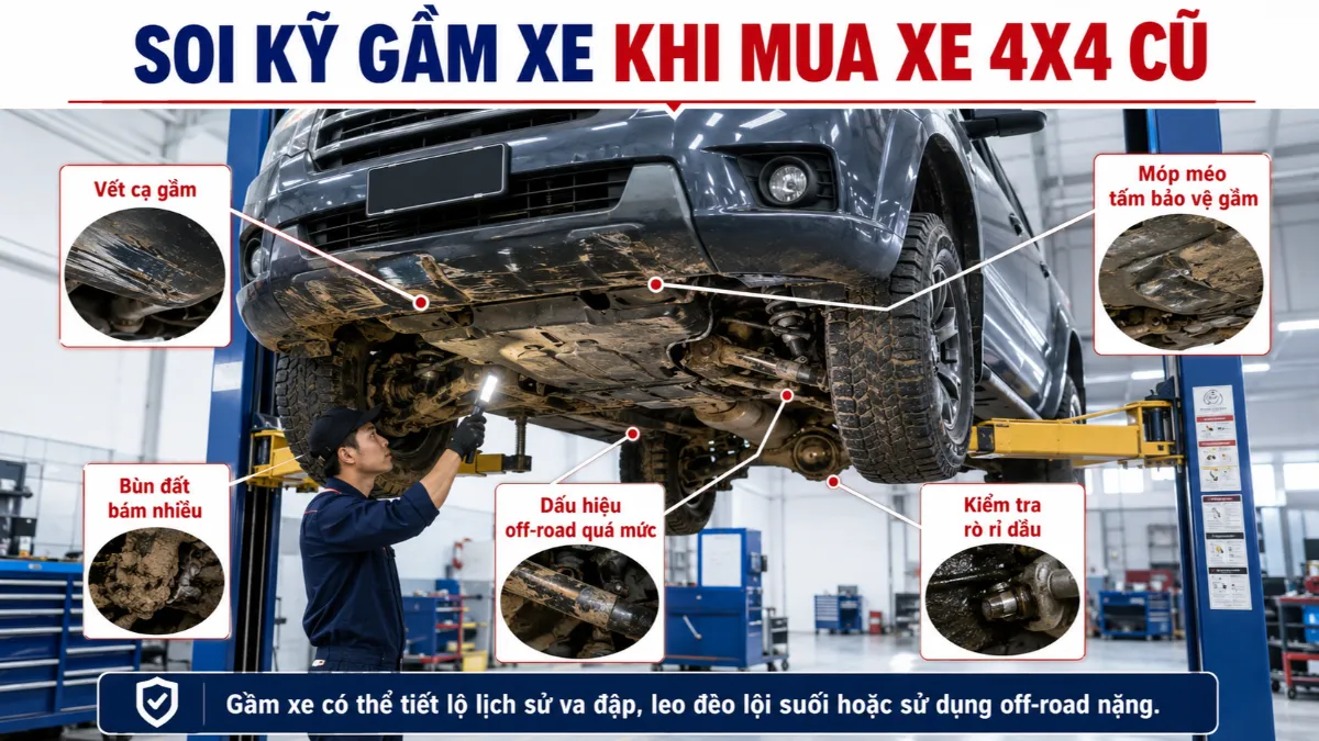 Cần soi kỹ gầm xe để phát hiện dấu vết va đập hoặc off-road quá mức khi mua xe 4x4 cũ