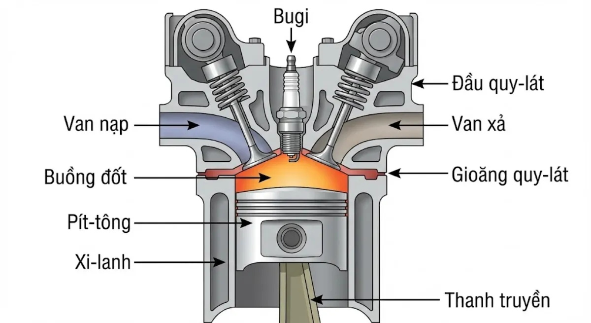 Vị trí gioăng quy-lát - nơi thường xảy ra sự cố rò rỉ nước làm mát vào buồng đốt.