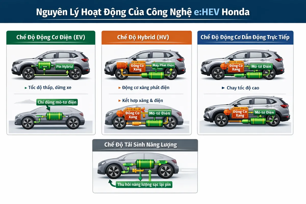 Minh họa 3 chế độ luân chuyển linh hoạt của hệ thống e:HEV