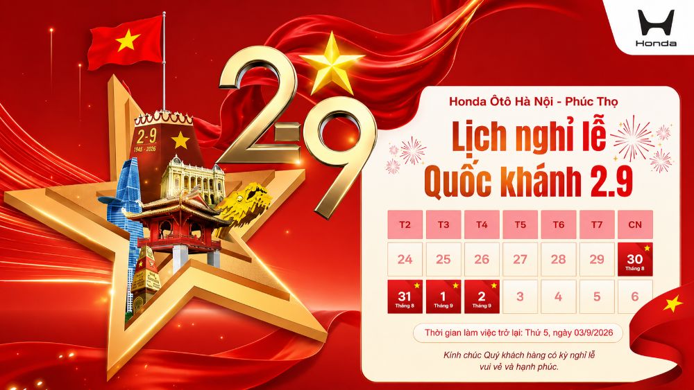 Honda Ôtô Phúc Thọ thông báo lịch nghỉ lễ Quốc khánh 2/9/2026