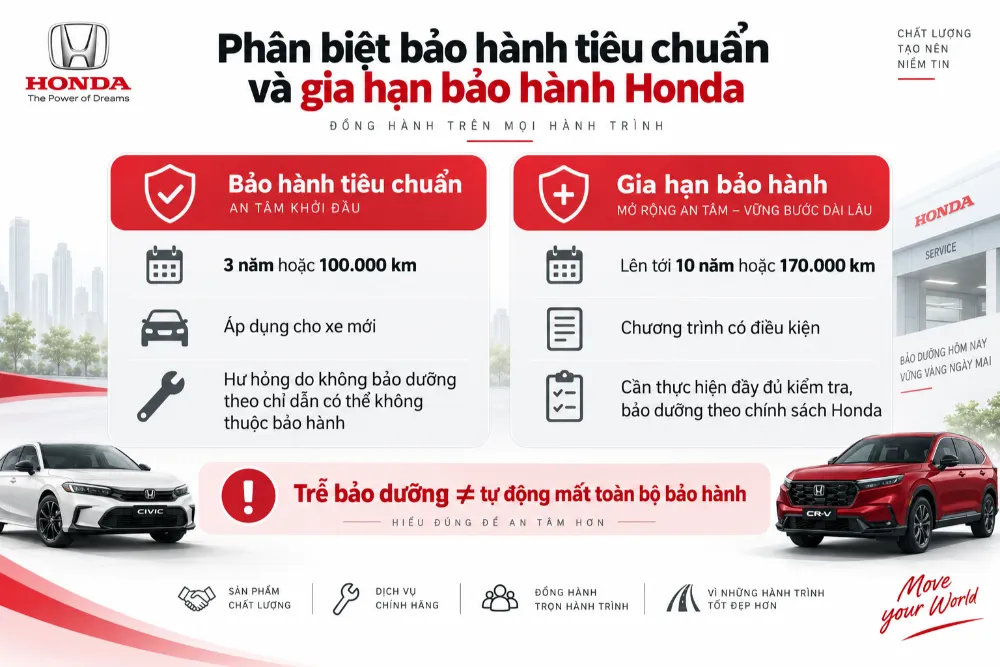Bảo hành tiêu chuẩn và gia hạn bảo hành Honda là hai quyền lợi khác nhau, có thời hạn và điều kiện áp dụng không giống nhau.