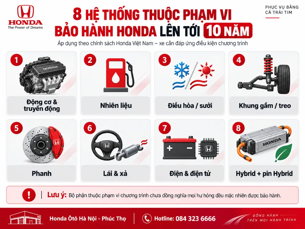 Chương trình gia hạn bảo hành Honda áp dụng cho 8 nhóm hệ thống chính, trong đó hệ thống Hybrid bao gồm pin Hybrid.